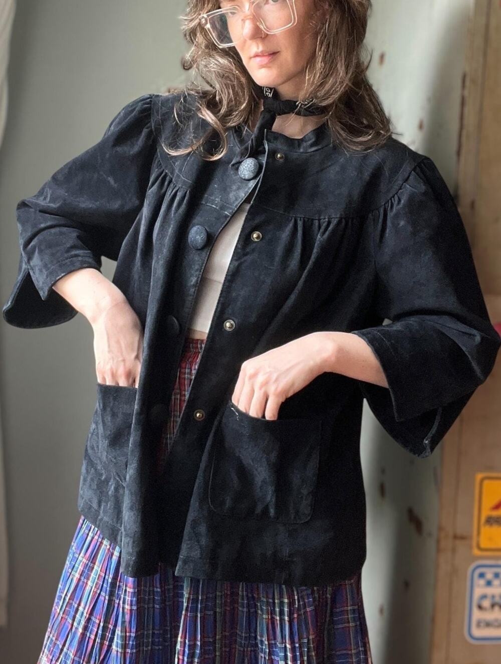 Vintage 90s Suede Swing Jacket | Black Leather Prairie Jacket | Oversized | M